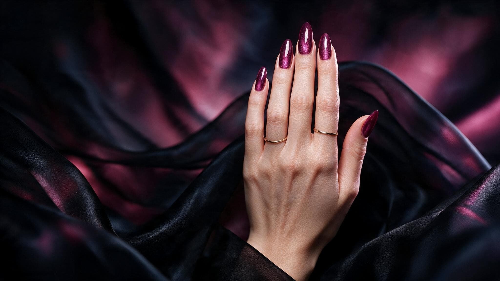 Wine cat-eye manicure on almond nails, raised hand on dark satin