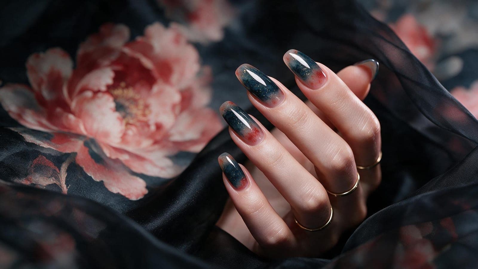 Custom nail art set in smoky teal and crimson with gold flecks — Mani Magic Studio, Richmond Hill