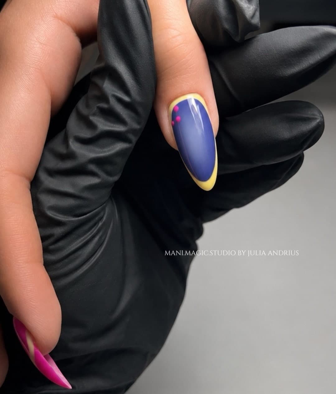 Blue french tip manicure, precise line work