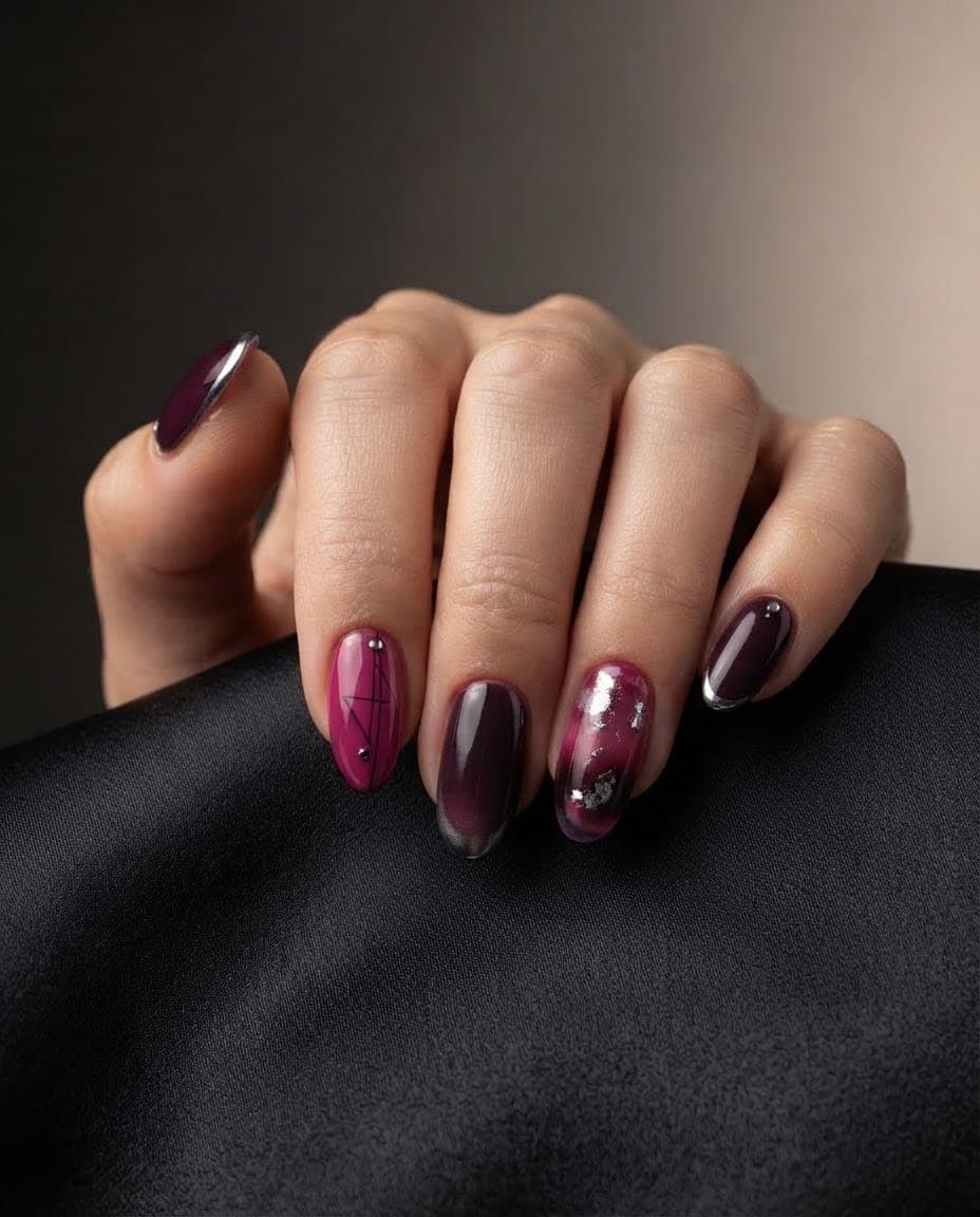Mixed-design custom set in berry and plum with silver foil accents