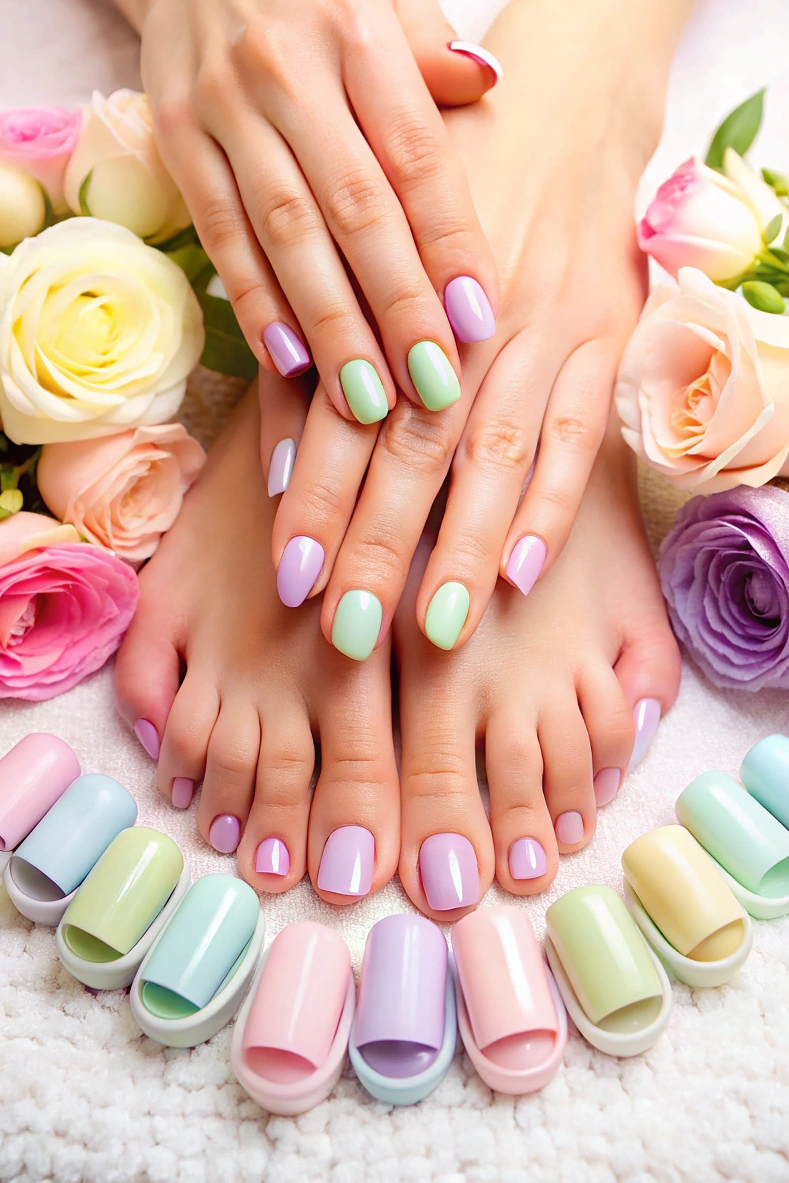 Combined manicure and pedicure in matching pastel polish — Mani Magic Studio, Richmond Hill