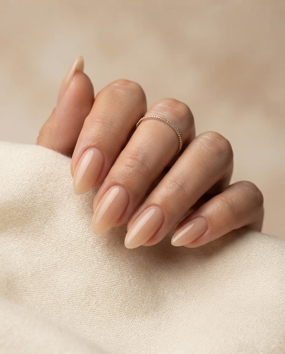 Natural nude manicure with clean structure on almond nails — Mani Magic Studio, Richmond Hill
