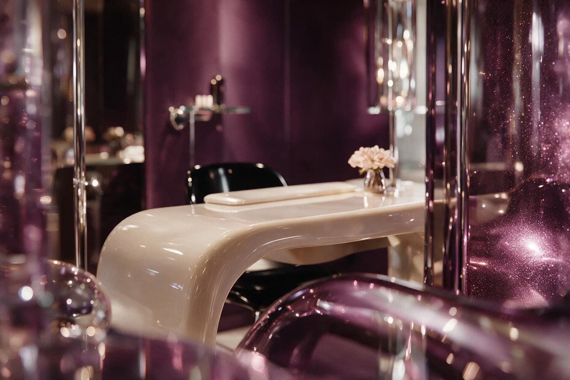 Inside the Mani Magic studio — plum velvet, glass and warm light