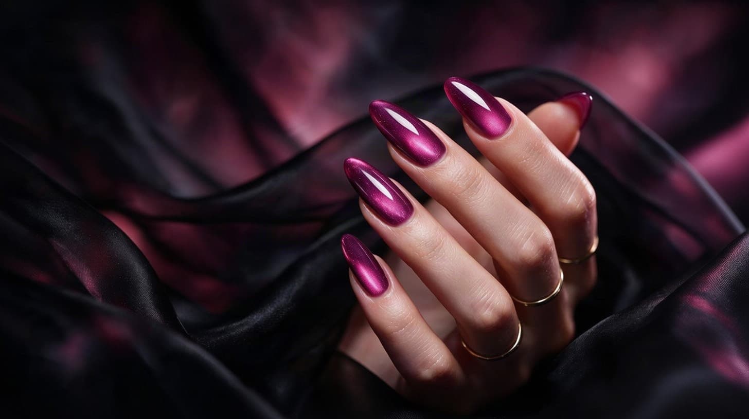 Deep wine cat-eye manicure gripping dark fabric